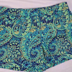 British Khaki Short Shorts Blue Paisley-Floral Sz 4